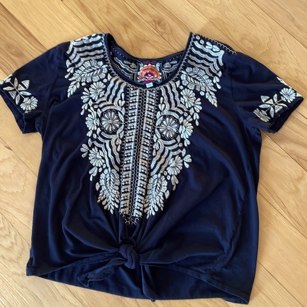 Johnny Was embroidered t. Black with beige embroidered. Great condition